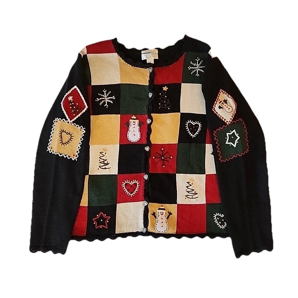 Button Cardigan Womens Holiday Teacher Twee Sweater Patchwork Embroidered Sz L